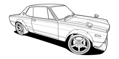 Adult coloring page vector illustration of a high-speed car in a front view. Black contour line art, isolated on a white background, perfect for books, drawing activities, and graphic design projects.