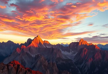 Naklejka premium Golden hour light crests jagged peaks, painting sky vibrant hues, outdoor, sunrise over mountains