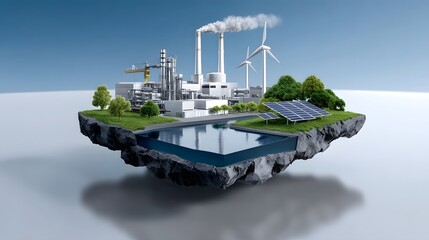 Obraz premium A futuristic, floating industrial complex producing renewable energy through wind turbines and solar panels, surrounded by a serene natural landscape.