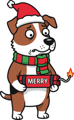 A pixel art illustration of a Jack Russell Terrier wearing a Santa hat and scarf, nervously holding a lit Christmas-themed dynamite stick