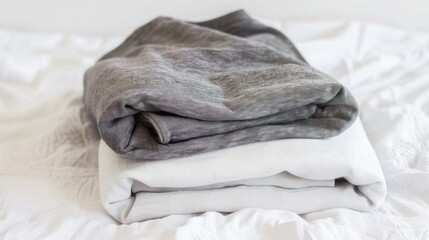 Folded Gray and White Cotton Clothes on Soft Bed Linen
