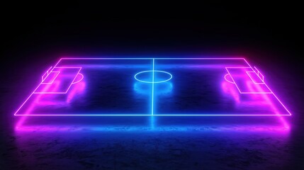 Futuristic glowing neon soccer field 3d render with blue and violet lighting on black background, digital sports arena design concept for modern technology and entertainment themes