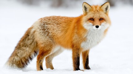 Fox Standing in Snowy Landscape with Bright Orange Fur and White Underbelly