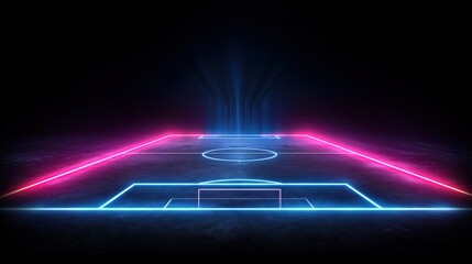 Futuristic glowing neon soccer field 3d render with blue and violet lighting on black background, digital sports arena design concept for modern technology and entertainment themes