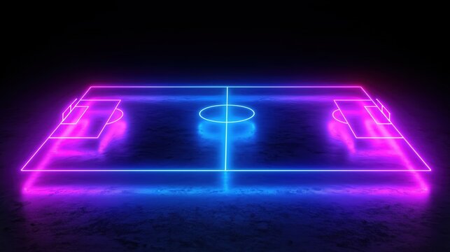 Futuristic glowing neon soccer field 3d render with blue and violet lighting on black background, digital sports arena design concept for modern technology and entertainment themes