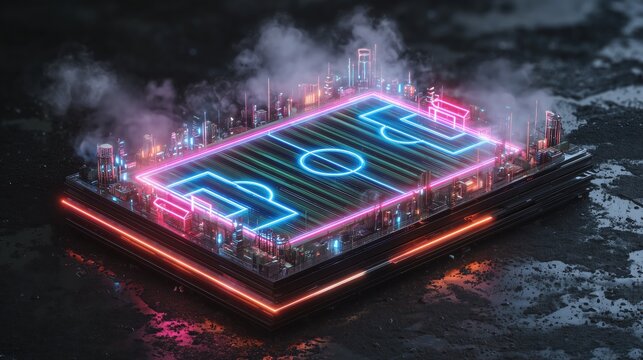 Futuristic glowing neon soccer field 3d render with blue and violet lighting on black background, digital sports arena design concept for modern technology and entertainment themes