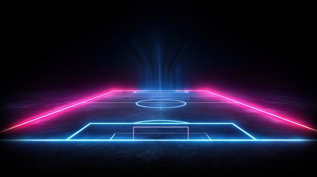 Futuristic glowing neon soccer field 3d render with blue and violet lighting on black background, digital sports arena design concept for modern technology and entertainment themes