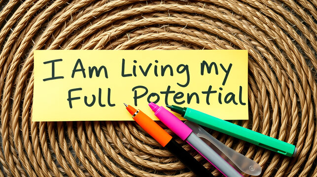 Text sign showing I Am Living My Full Potential. Conceptual photo Embracing opportunities using skills abilities Written on some colorful sticky note 4 pens laid in rank on jute base