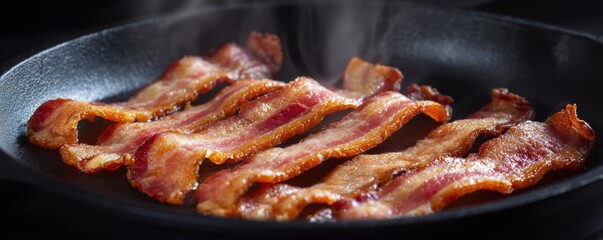 sizzling strips of bacon on skillet, Bacon Day celebration, front view, photorealistic style, crispy texture and steam, releasing savory aromas and steam.