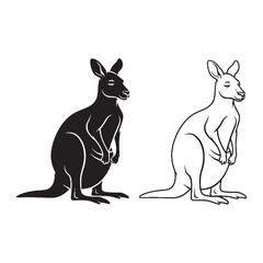 Flat Kangaroo Silhouette & Kangaroo Lineart – Kangaroo Vector Graphic in Simplified Animal Shape – Black Vector of Kangaroo – Vector Set of Kangaroo
