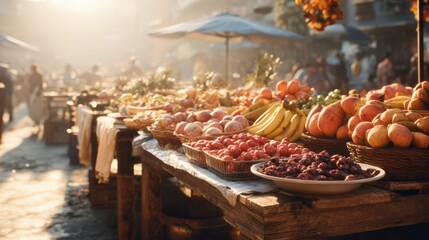 Fresh Fruit Market Stall with Apples Bananas Grapes and Peaches in Warm Sunset Light