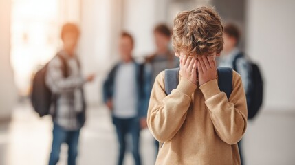 Boy Covering Face in Front of Group of Boys.