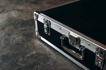 Black wheeled hard case with silver strips in studio setting
