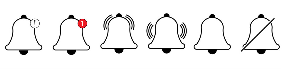 Notification bell icon set. Message notification bell icon set in black, blue, yellow and stoke. Notification bell symbols in white background. Bell, icons, Notification, symbol, vector.