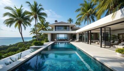 Luxurious oceanfront villa with infinity pool, palm trees, and stunning coastal views.