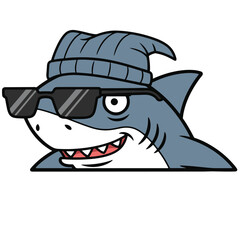 A pixel art illustration of a shark sporting trendy sunglasses and a beanie, giving off a cool and playful vibe. The shark's expression is mischievous and fun.