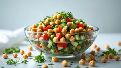 A bowl of chickpea salad with cucumbers, tomatoes, and herbs, served in a glass bowl on a light background with scattered chickpeas and fresh herbs.