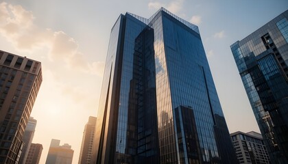 Fototapeta premium Modern city skyscrapers reaching towards the sky, reflecting the sunset's golden light in glass