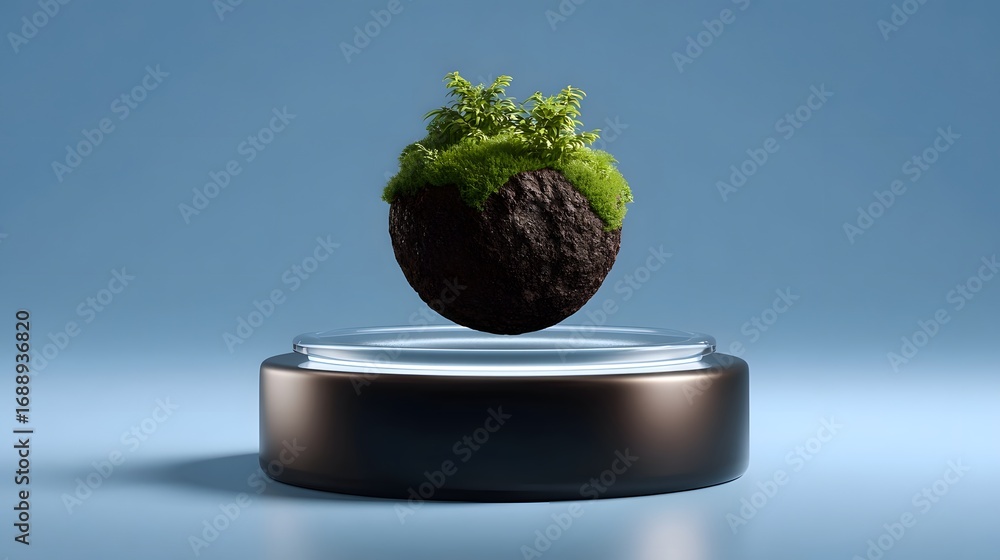 Poster a surreal image of a moss-covered spherical object hovering in midair against a plain background, sh