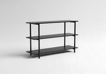 Modern black threetier shelf unit with clean lines, isolated on white background