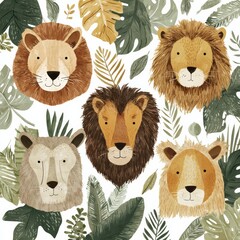 top view of illustrated lion faces and jungle leaves, Lion Day design collection, watercolor illustration, earthy colors, showcasing wildlife and nature.