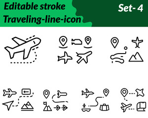 Traveling icon character designed with a suitcase. airplane globe and location pin symbolizing journey adventure and exploration.Created in a clean flat vector style with bright modern tones it conve.