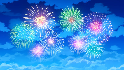 Fototapeta premium Colorful fireworks exploding in the night sky with clouds, celebrating a special occasion