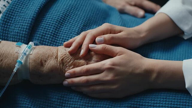 Doctor holding senior patient's hand in hospital bed. A close-up showing comfort and compassion. End of life care, palliative treatment, support and kindness.