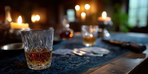 People enjoying a candlelit gathering while playing cards and sipping whiskey in an intimate setting