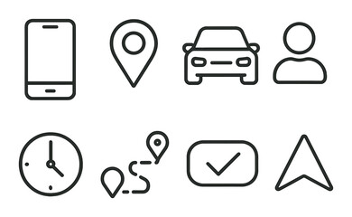 Icon set featuring navigation, car, smartphone, profile, and clock symbols