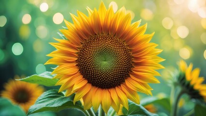 Obraz premium Sunflower in full bloom with vibrant yellow petals and green leaves, set against a blurred natural background with dappled sunlight.