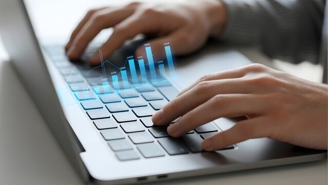 Hands typing on a laptop with a holographic bar graph overlay