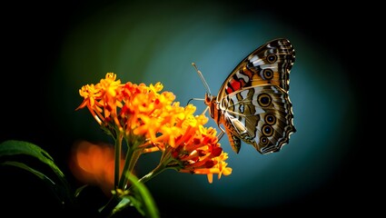 Obraz premium Butterfly perched on bright orange flowers with a dark and moody background image is nice
