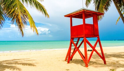 Tropical beach with red lifeguard tower