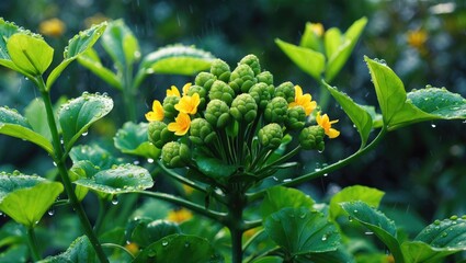 Fototapeta premium A flowering plant with yellow blossoms and green buds, surrounded by lush green leaves, with water droplets on the surfaces.