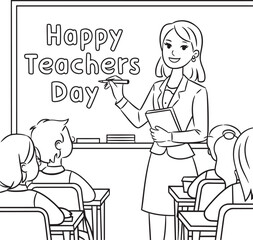 Happy Teacher's Day Classroom Vector Teacher with Students Line Art Illustration