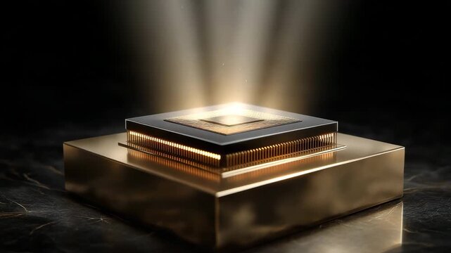 A gold colored square shaped object with a black background. Small semiconductor chip placed on golden pedestal like precious metal, semiconductor shortage dramatic dark with gold highlight