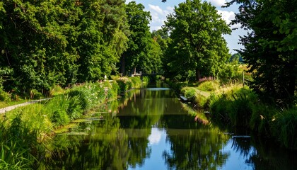 Fototapeta premium Serene waterway with lush green foliage and a small arched bridge reflected in the calm water. The scene is bathed in sunlight, suggesting a peaceful and tranquil environment, ideal for a stroll