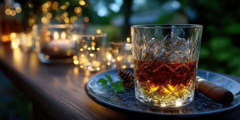 Evening gathering with whiskey cocktails and ambient lights in a cozy outdoor setting