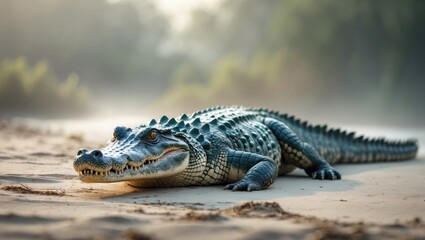 Fototapeta premium Crocodile lying on the sand in a natural environment. Wildlife and animal habitat, concept. Reptiles and nature. The concept of outdoor animal observation.