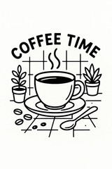 Coffee Time Black and White Illustration with Plants and Beans on Tiled Background