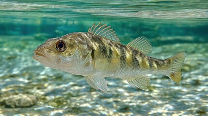 Fresh Perch Fish Swimming in Clear Water Over Rocky Bottom