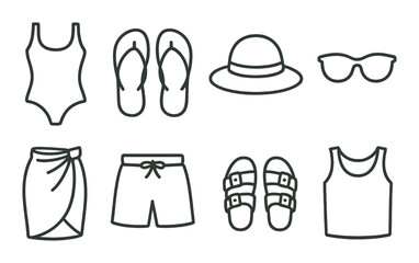 Minimalist beach icons: swimwear, flip-flops, hat, sunglasses, wrap, shorts, sandals, tank top