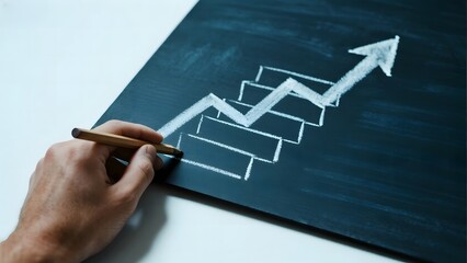 Hand drawing a step chart with an upward arrow on a chalkboard