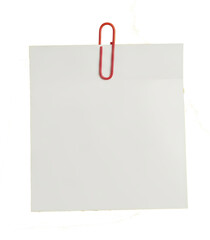 White Note with Red Paperclip PNG: A simple blank white note with a red paperclip attached. An isolated design element on a transparent background for office communication.