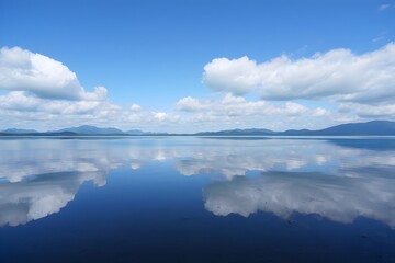 Fototapeta premium Serene lake reflecting sky with clouds and mountains in the distance beauty nature calm