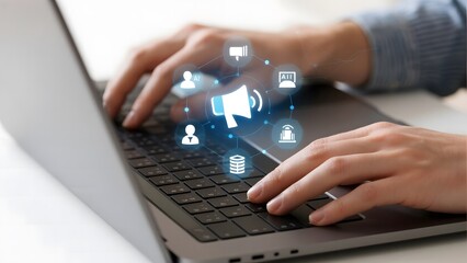 Hands typing on a laptop with digital icons representing various online services and communication tools.