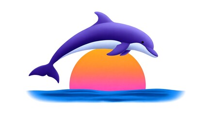 Obraz premium A majestic dolphin leaping gracefully into the air, silhouetted against a stunning orange and purple sunset reflecting on the tranquil ocean surface.