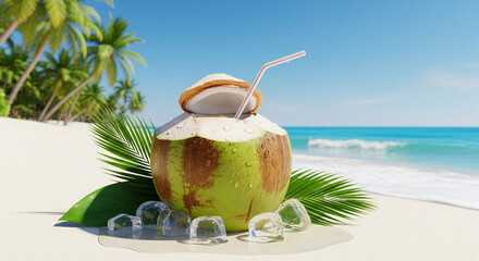 fresh green coconut on the beach