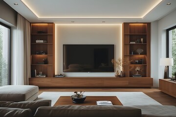 Imagine relaxing in this modern living room with elegant wood shelving and a large screen television setup